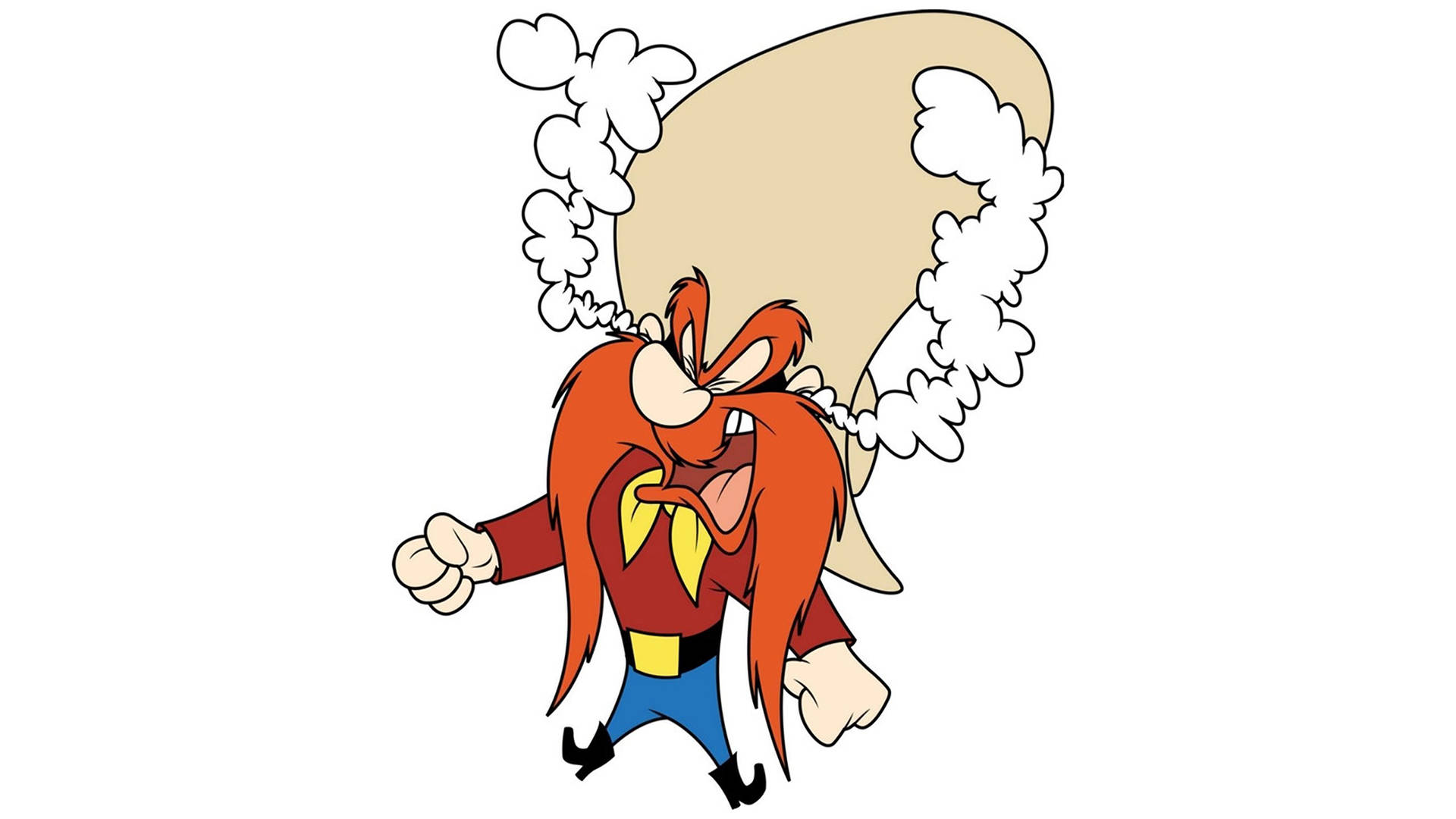 Yosemite Sam 桌布 壁紙 — 一個卡通角色，長長的紅頭髮和黃色領帶，生氣地跑著，耳朵噴出蒸氣。