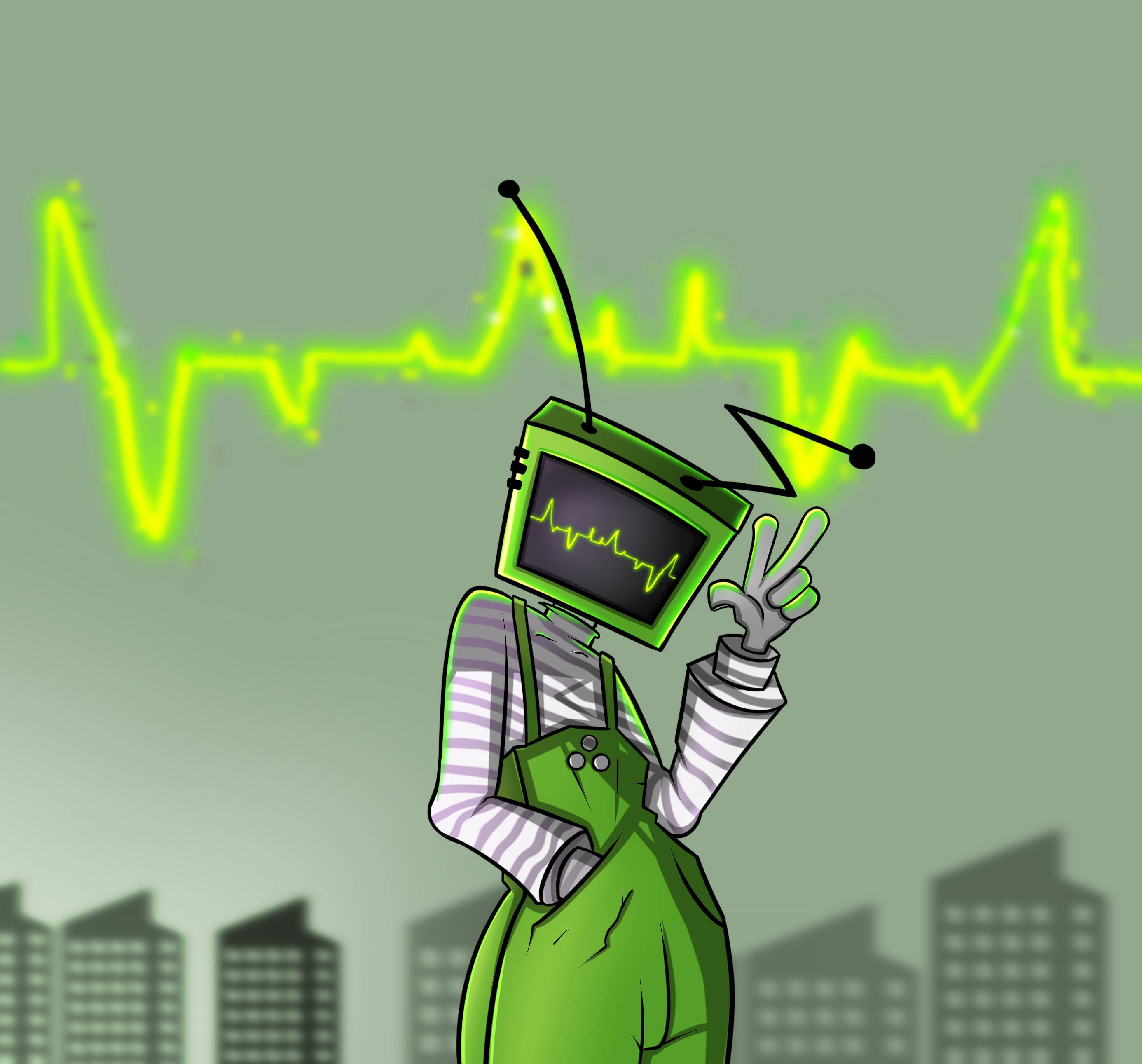 tv 桌布 壁紙 — 一個卡通角色，頭部是一個綠色電視機，顯示心跳線，同時在城市景觀中揮手和平。