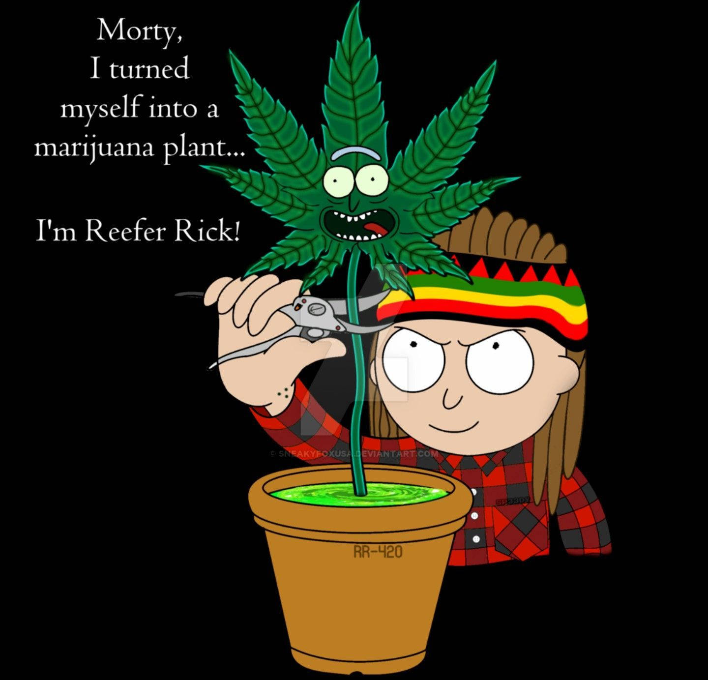 瑞克和莫蒂 桌布 壁紙 — 一個卡通角色，頭部是大麻植物，手持修剪剪刀，對準一個標有RR-420的盆栽植物，背景為黑色。