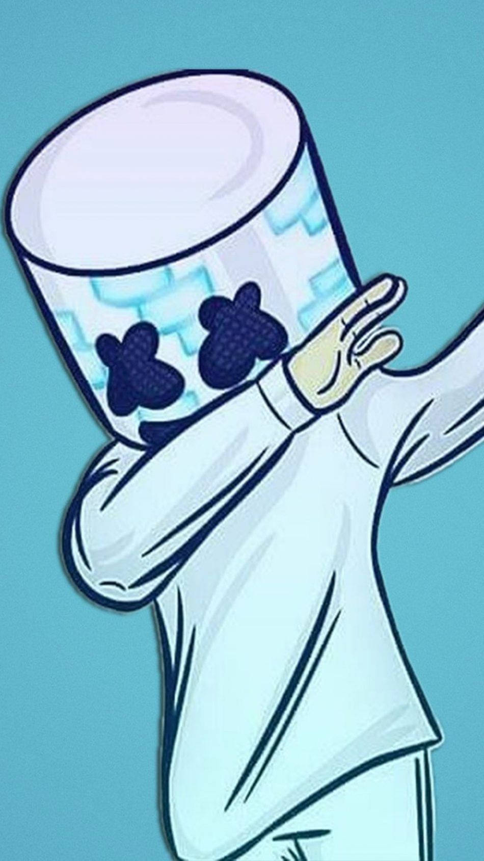 Marshmello 動態圖 桌布 壁紙 — 一個卡通角色，頭部是杯子，眼睛是黑色花朵，在淺藍色背景上跳舞。