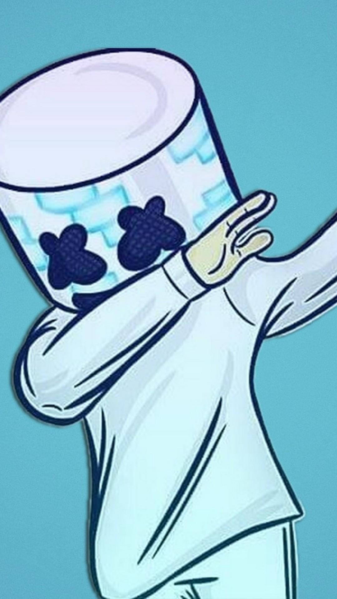 marshmello iPhone 桌布 壁紙 — 一個卡通角色，頭部是棉花糖，眼睛是黑色花朵，在淺藍色背景上跳舞。