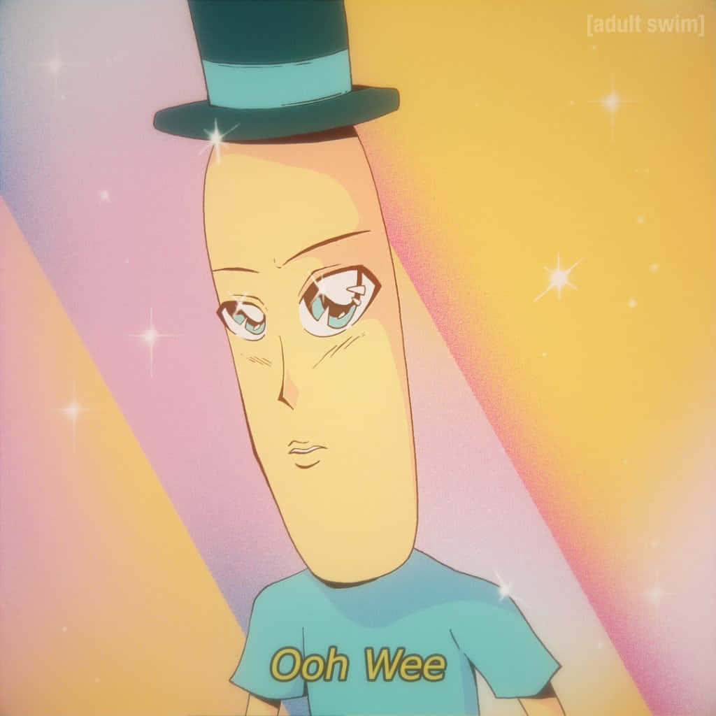 Mr Poopybutthole 桌布 壁紙 — 一個卡通角色，頭部高聳，戴著高帽，站在充滿活力的漸變背景前，背景上有閃爍的星星。