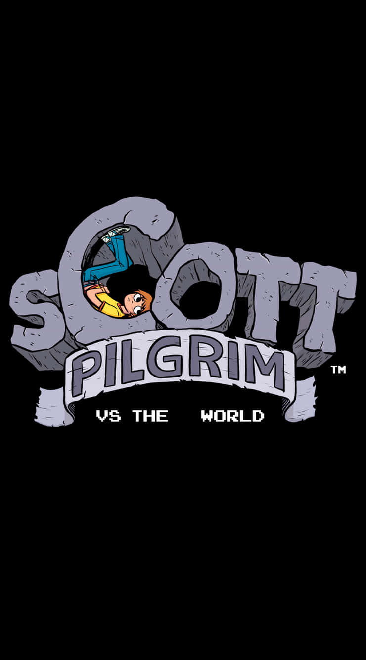 scott pilgrim 桌布 壁紙 — 一個卡通角色倒掛在黑色背景的「Scott Pilgrim vs the World」標誌的字母「O」內。