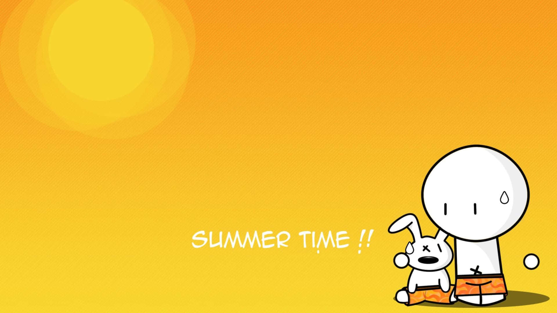 1920x1080 Summer 桌布 壁紙 — 一個卡通角色和兔子穿著泳褲在烈日下大汗淋漓，並帶有「SUMMER TIME!!」文字。