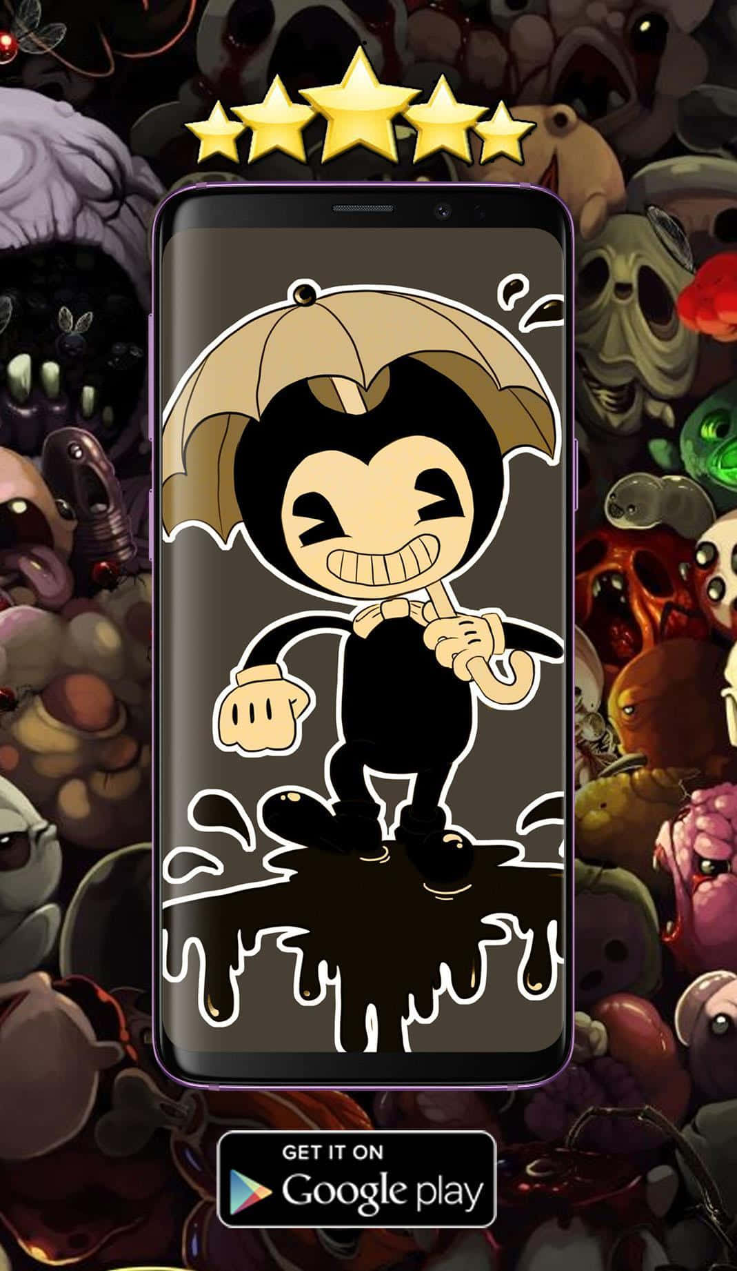 bendy and the ink machine 桌布 壁紙 — 一個卡通角色咧嘴大笑，在手機螢幕的泥水中撐著雨傘，周圍環繞著怪誕的怪物。