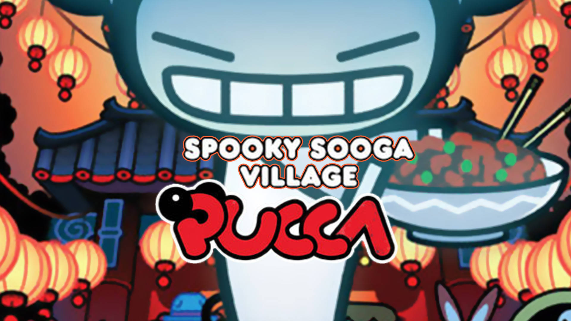 Pucca 桌布 壁紙 — 一個卡通角色咧嘴大笑，手持一碗食物，背景是發光的燈籠和傳統建築。