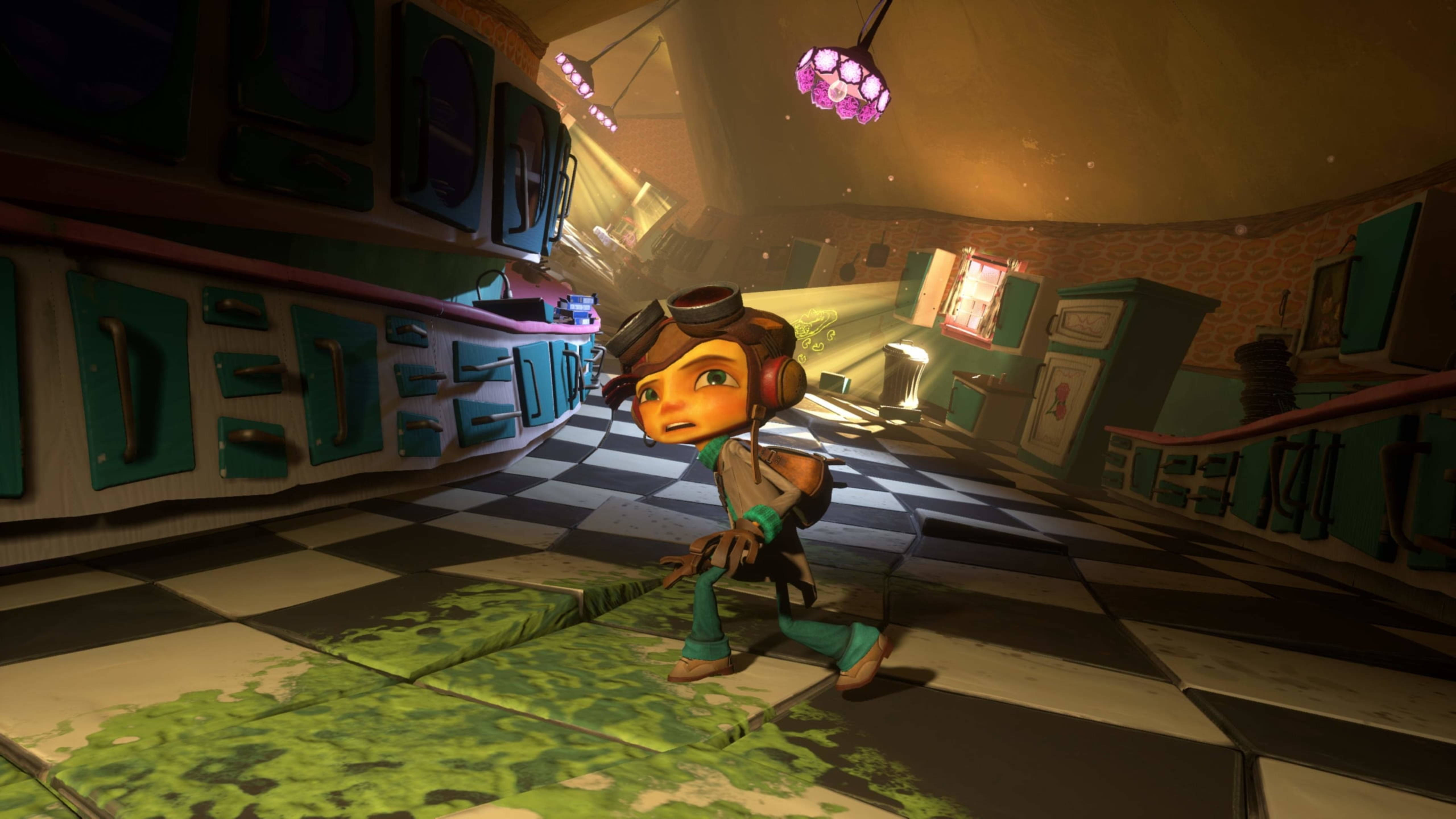 Psychonauts 桌布 壁紙 — 一個卡通角色在一個帶有格子地板和頭頂發光紫色燈光的復古廚房裡。