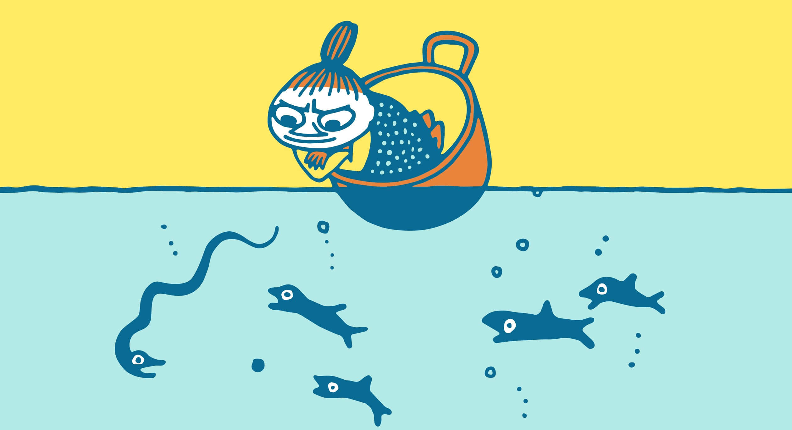 藝術 桌布 壁紙 — 一個卡通角色在小船上顯得痛苦，魚和一條鰻魚在水線下游動。
