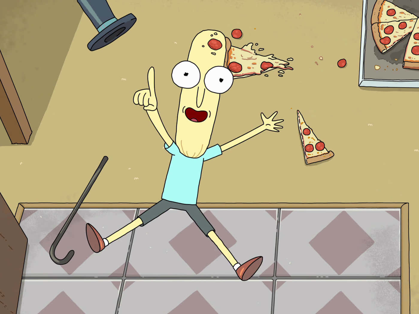 Mr Poopybutthole 桌布 壁紙 — 一個卡通角色在磁磚廚房裡快樂地跳躍，周圍有飛舞的披薩片。