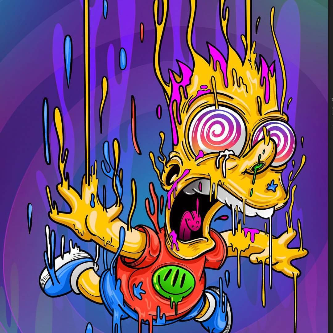 Cartoon 桌布 壁紙 — 一個卡通角色在紫色背景上融化為迷幻色彩，帶有旋轉的眼睛和滴落的顏料。