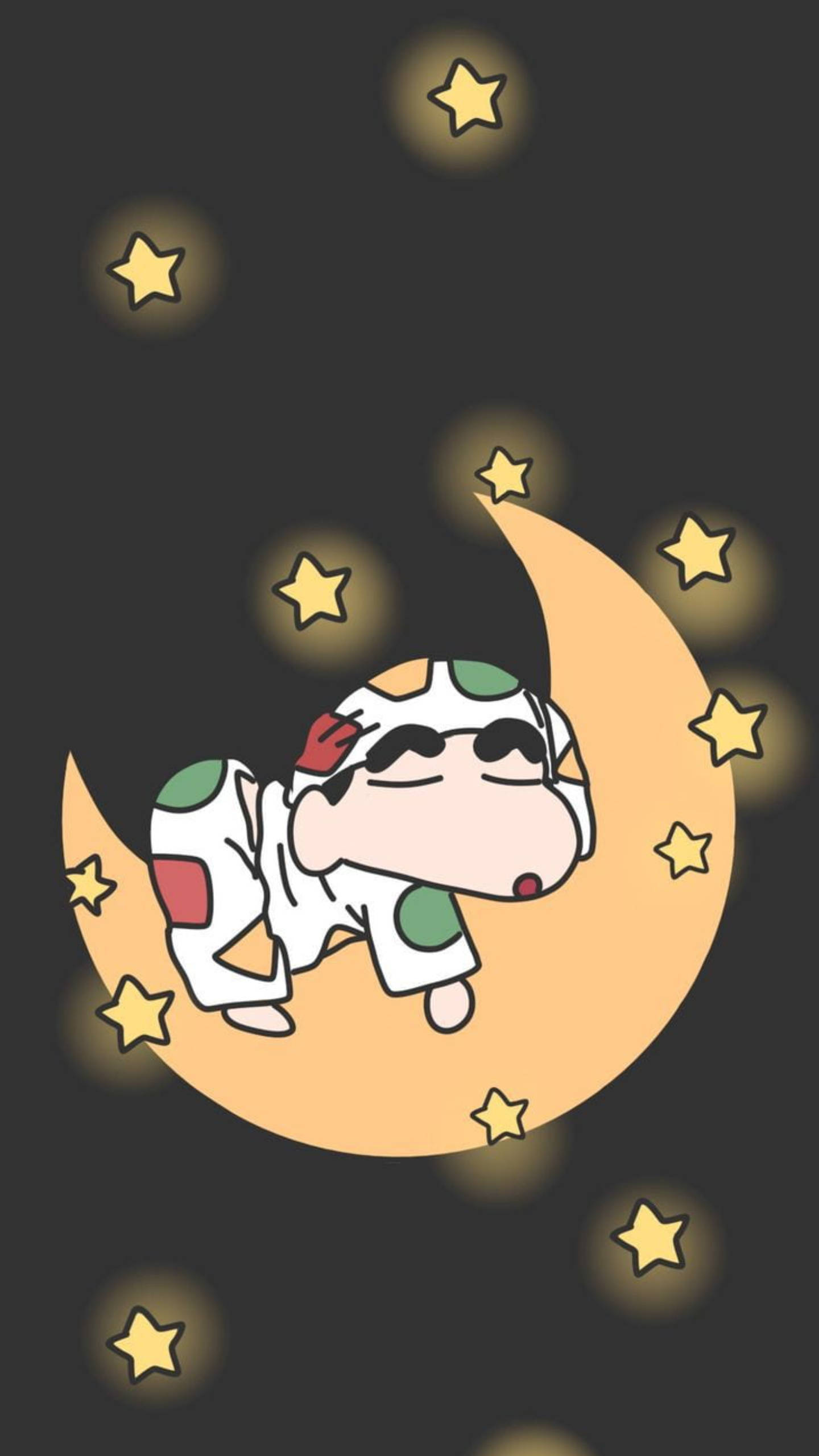 shinchan 桌布 壁紙 — 一個卡通角色在黑暗夜空中的新月上安睡，周圍環繞著閃爍的星星。