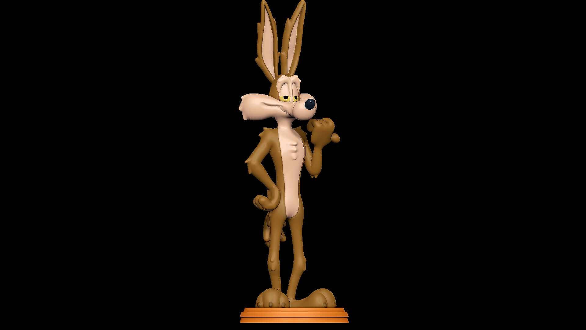 Coyote 桌布 壁紙 — 一個卡通角色威利狼（Wile E. Coyote）的3D渲染雕像自信地站在黑色背景前的橙色基座上。