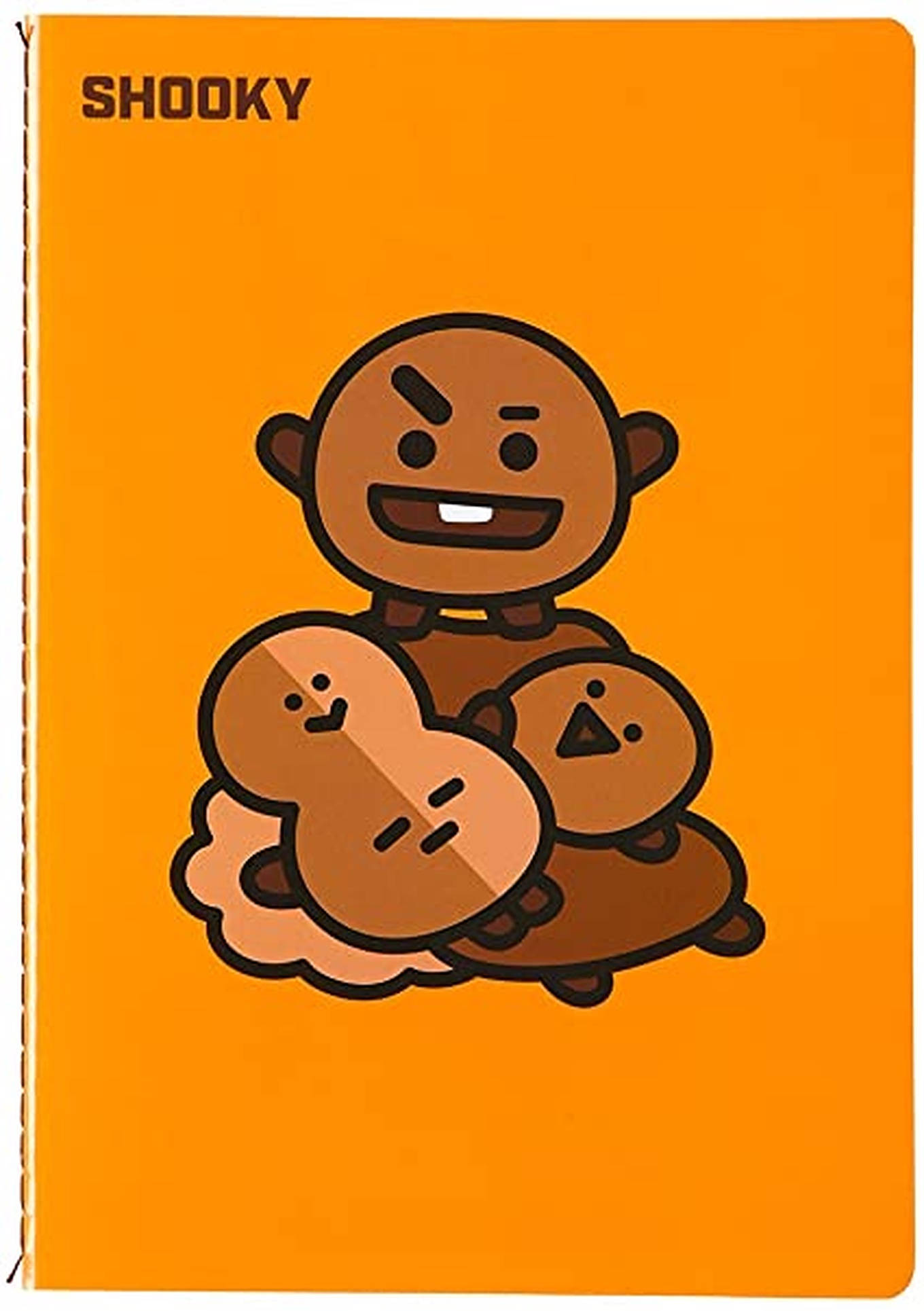 shooky bt21 桌布 壁紙 — 一個卡通角色帶著頑皮的笑容坐在三個較小的圓形生物上，背景為純橙色。