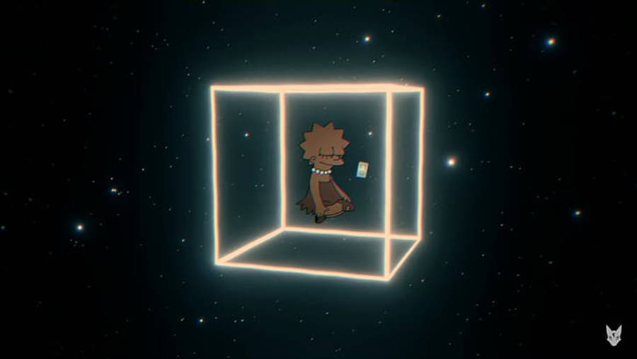 4K 桌布 壁紙 — 一個卡通角色平靜地坐在一個漂浮在星際宇宙虛空中的發光立方體內。