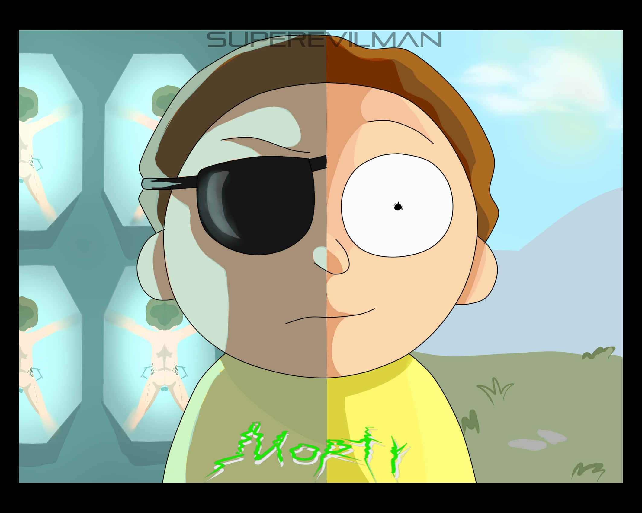 Evil Morty 桌布 壁紙 — 一個卡通角色從中間分裂，一隻眼睛被黑色眼罩遮蓋，另一隻眼睛睜大，穿著一件印有綠色塗鴉風格文字「MORTY」的襯衫。
