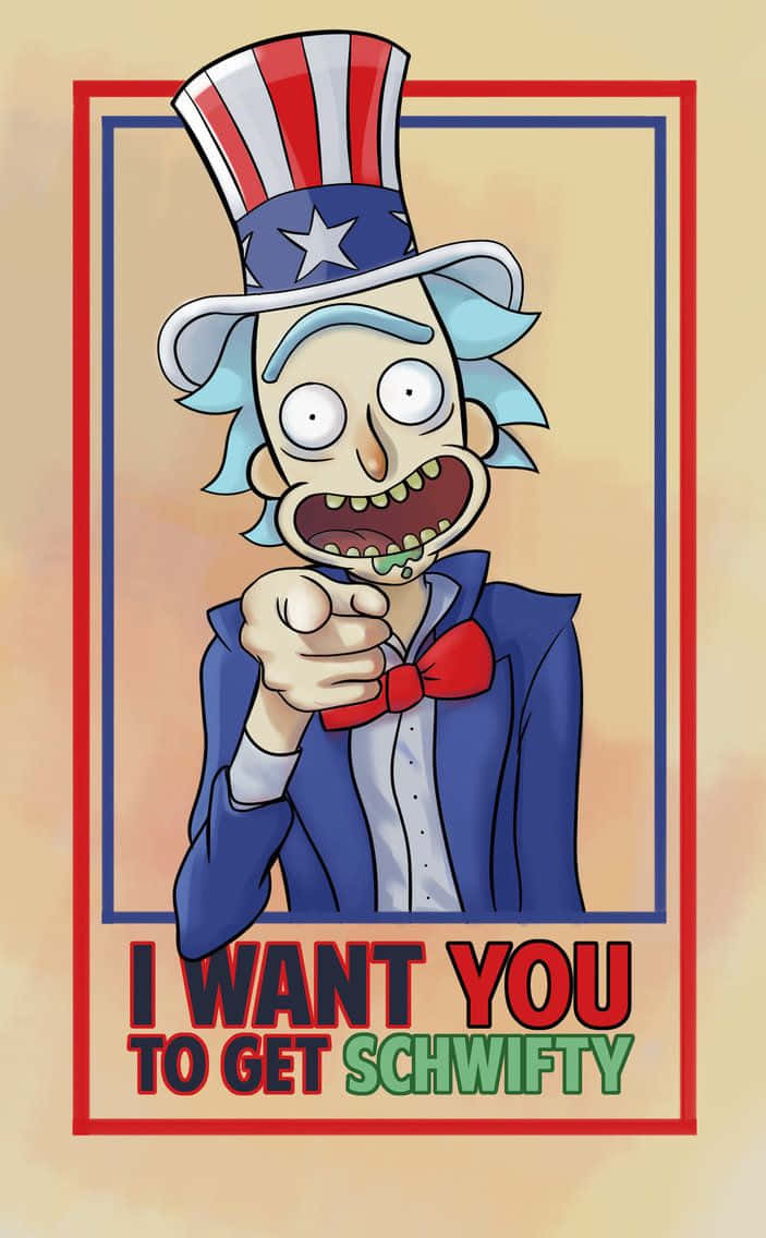 Wubba Lubba Dub Dub 桌布 壁紙 — 一個卡通角色戴著愛國高帽、身穿藍色西裝，在粗體紅色文字下露出狂笑並向前指。