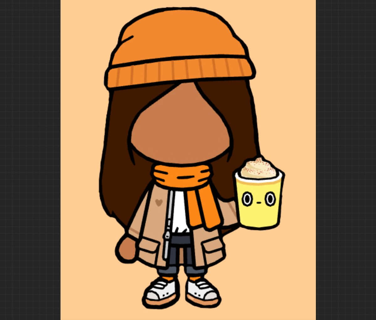 Aesthetic Toca Life 桌布 壁紙 — 一個卡通角色戴著橙色毛帽和圍巾，在溫暖的桃色背景上拿著一個微笑的咖啡杯。