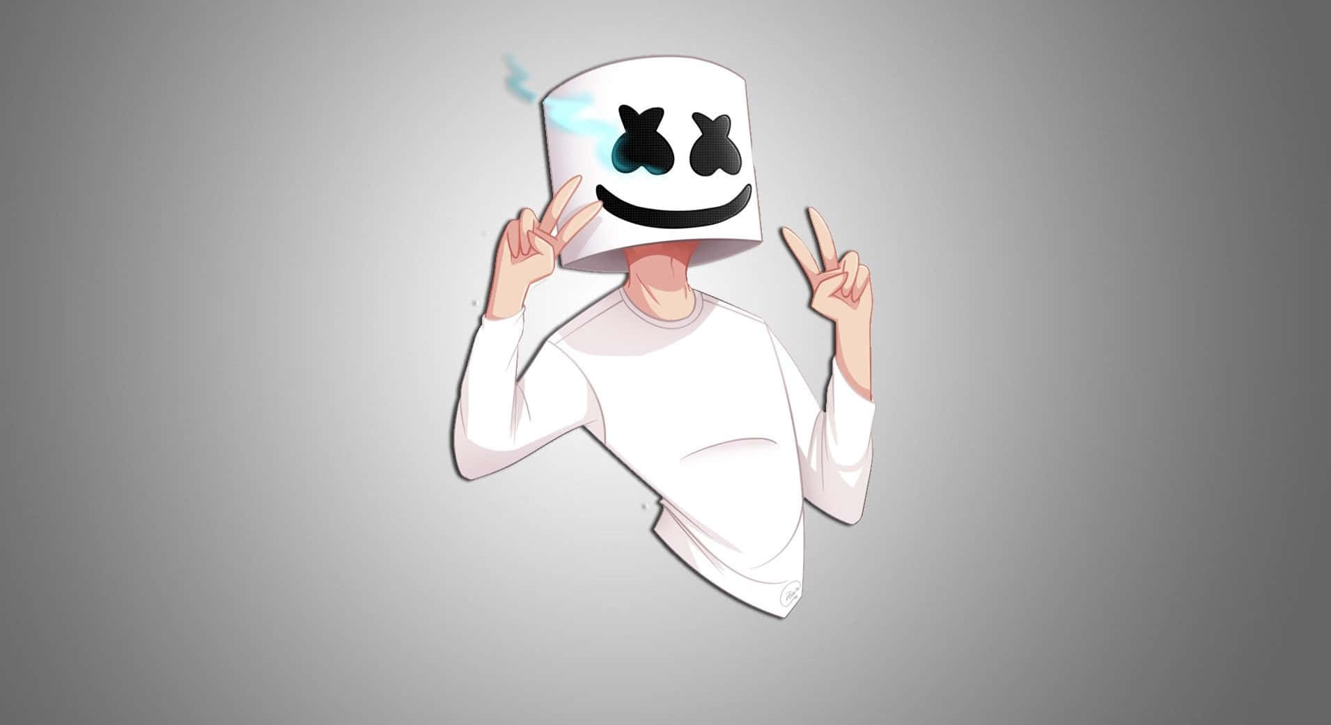 Marshmello 動態圖 桌布 壁紙 — 一個卡通角色戴著白色棉花糖頭盔，有X形眼睛和微笑，在灰色漸變背景上做出和平手勢。
