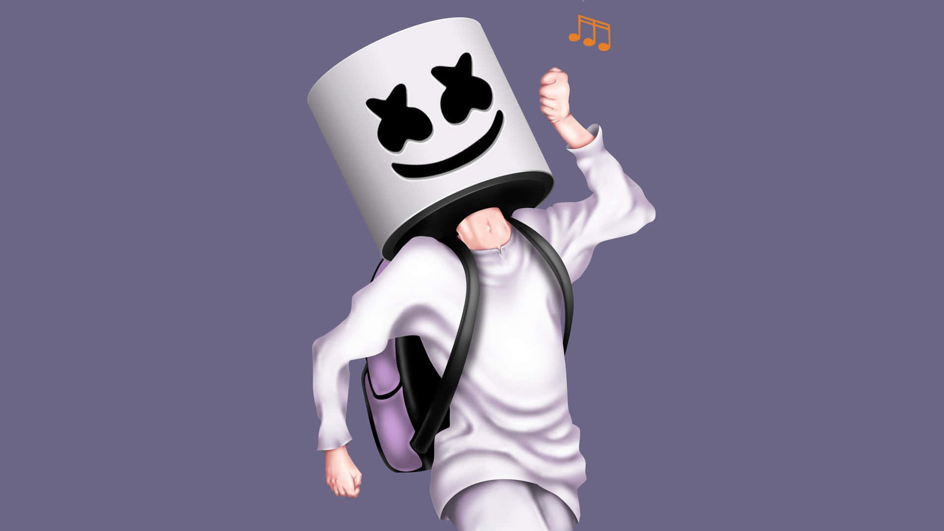 Marshmello 動態圖 桌布 壁紙 — 一個卡通角色戴著白色棉花糖頭盔，有星星眼睛和笑容，在純紫色背景前快樂地跳舞。