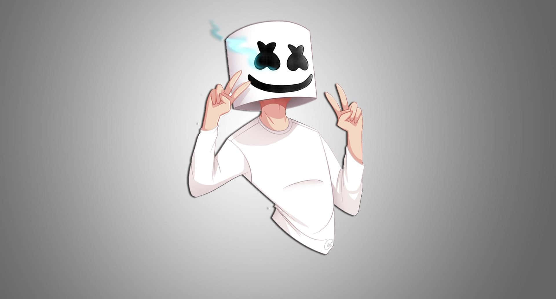Marshmello 動態圖 桌布 壁紙 — 一個卡通角色戴著白色棉花糖頭盔，有X形眼睛和微笑，在灰色背景上做出和平手勢。
