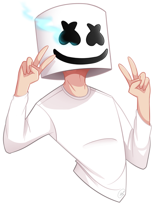 Marshmello 動態圖 桌布 壁紙 — 一個卡通角色戴著白色棉花糖頭盔，發光的眼睛和和平手勢，背景是黑白圓點圖案。