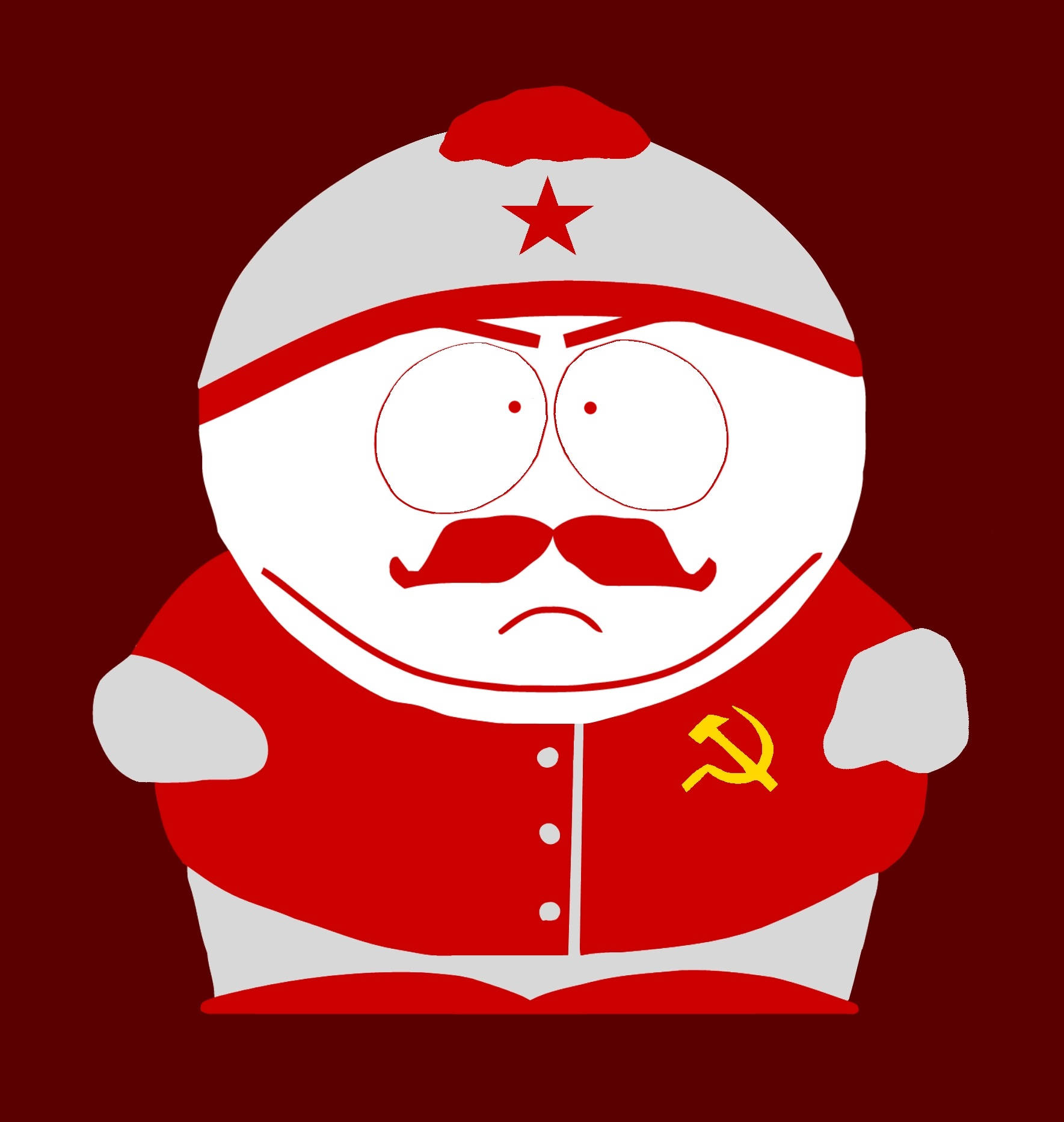 Cartman 桌布 壁紙 — 一個卡通角色戴著紅星帽，身穿鐮刀錘子外套，站在深紅色背景前。
