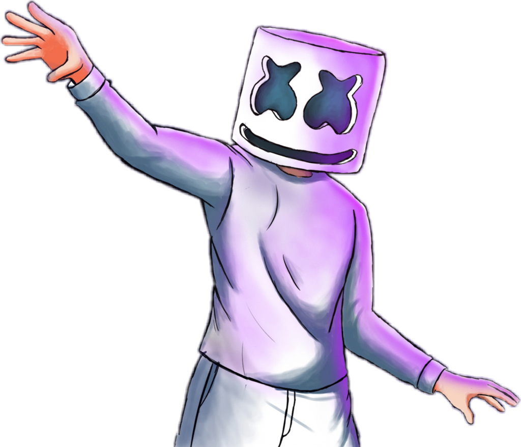 Marshmello 動態圖 桌布 壁紙 — 一個卡通角色戴著紫色棉花糖頭盔和配套服裝，在黑色背景上愉快地揮手。