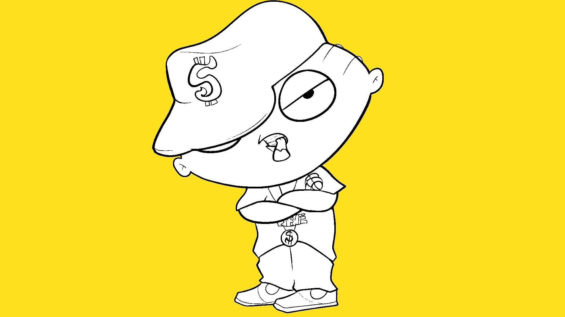 stewie 桌布 壁紙 — 一個卡通角色戴著美元符號的帽子和衣服，在明亮的黃色背景前自信地交叉雙臂站立。