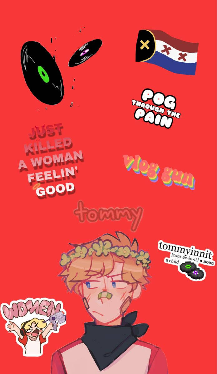Tommyinnit 桌布 壁紙 — 一個卡通角色戴著花冠和黑色頭巾，被流行文化貼紙包圍在明亮的紅色背景上。