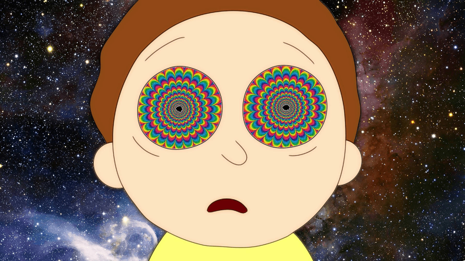 rick 桌布 壁紙 — 一個卡通角色擁有催眠般的彩虹螺旋眼睛，在繁星宇宙背景下茫然凝視。