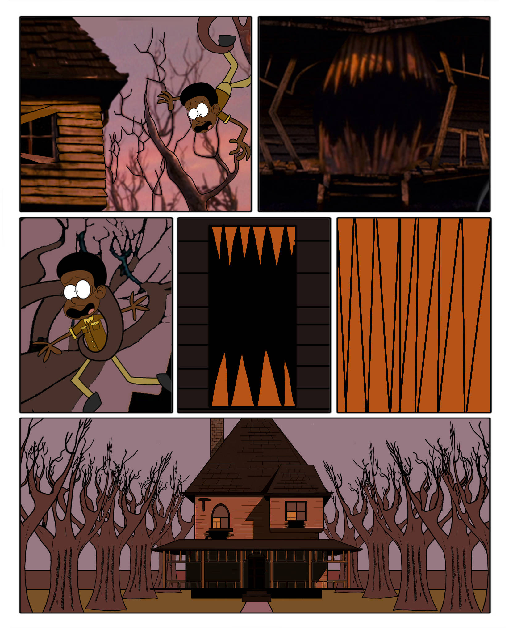Monster House 桌布 壁紙 — 一個卡通角色爬樹，並從一座被光禿樹木包圍、在昏暗天空下的鬼屋逃跑。