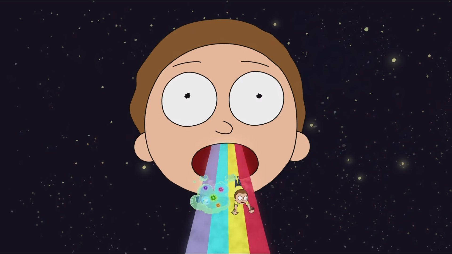 rick 桌布 壁紙 — 一個卡通角色睜大眼睛，向繁星點點的夜空噴出一道彩虹，一個小人緊緊抓住彩虹。