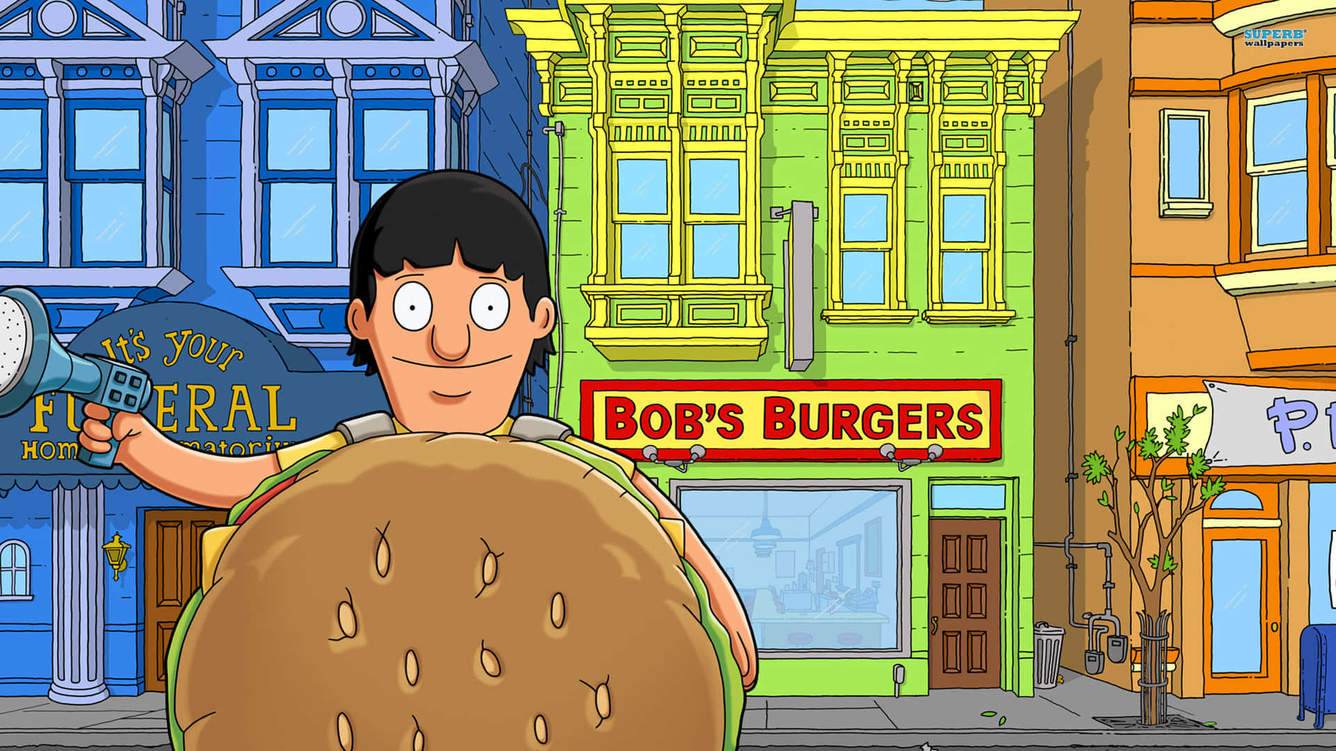bob's burgers 桌布 壁紙 — 一個卡通角色穿著巨型漢堡服裝，在色彩繽紛的城市街道上拿著擴音器，背景是 'Bob's Burgers' 餐廳。