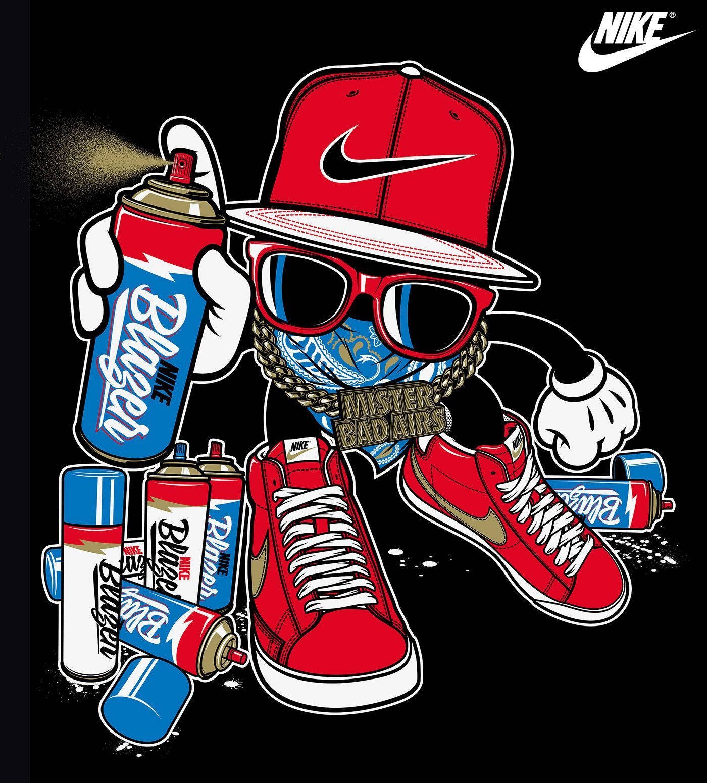 Nike 桌布 壁紙 — 一個卡通角色穿著紅色Nike裝備和太陽眼鏡，在黑色背景前用標有「Blugel」的噴罐噴塗塗鴉。
