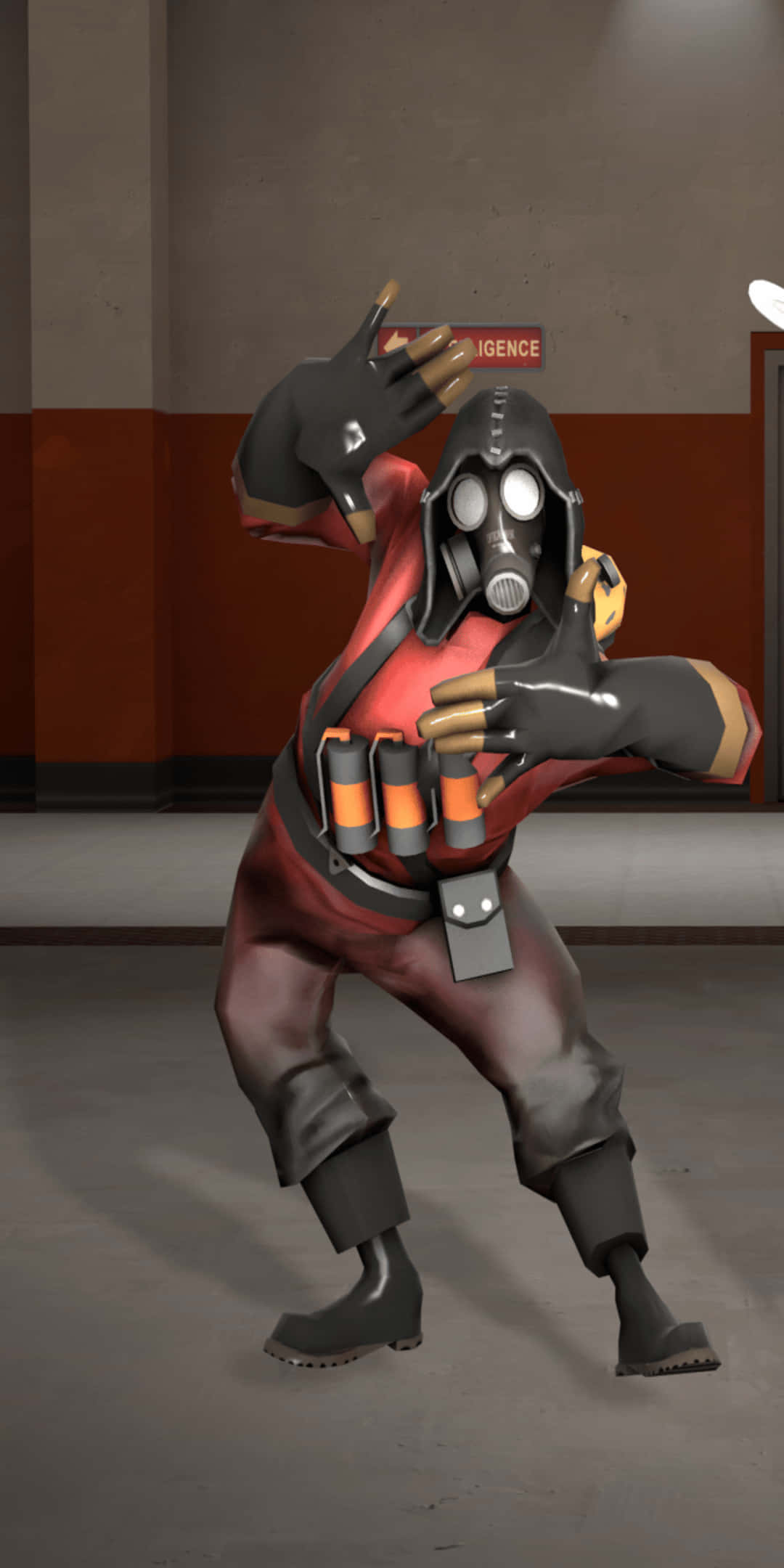 Tf2 桌布 壁紙 — 一個卡通角色穿著紅色西裝和防毒面具，在光線昏暗的工業走廊中充滿活力地跳舞。