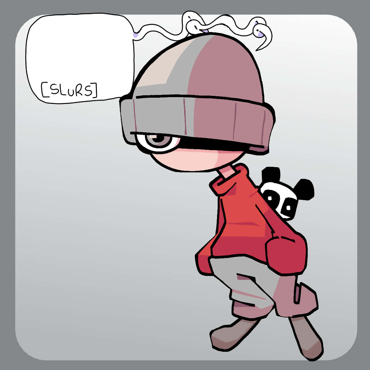 動漫男孩 桌布 壁紙 — 一個卡通角色穿著紅色連帽衫和毛帽，背後有一隻熊貓探出頭來，散發出煙霧，並有一個帶有辱罵詞語的對話氣泡。