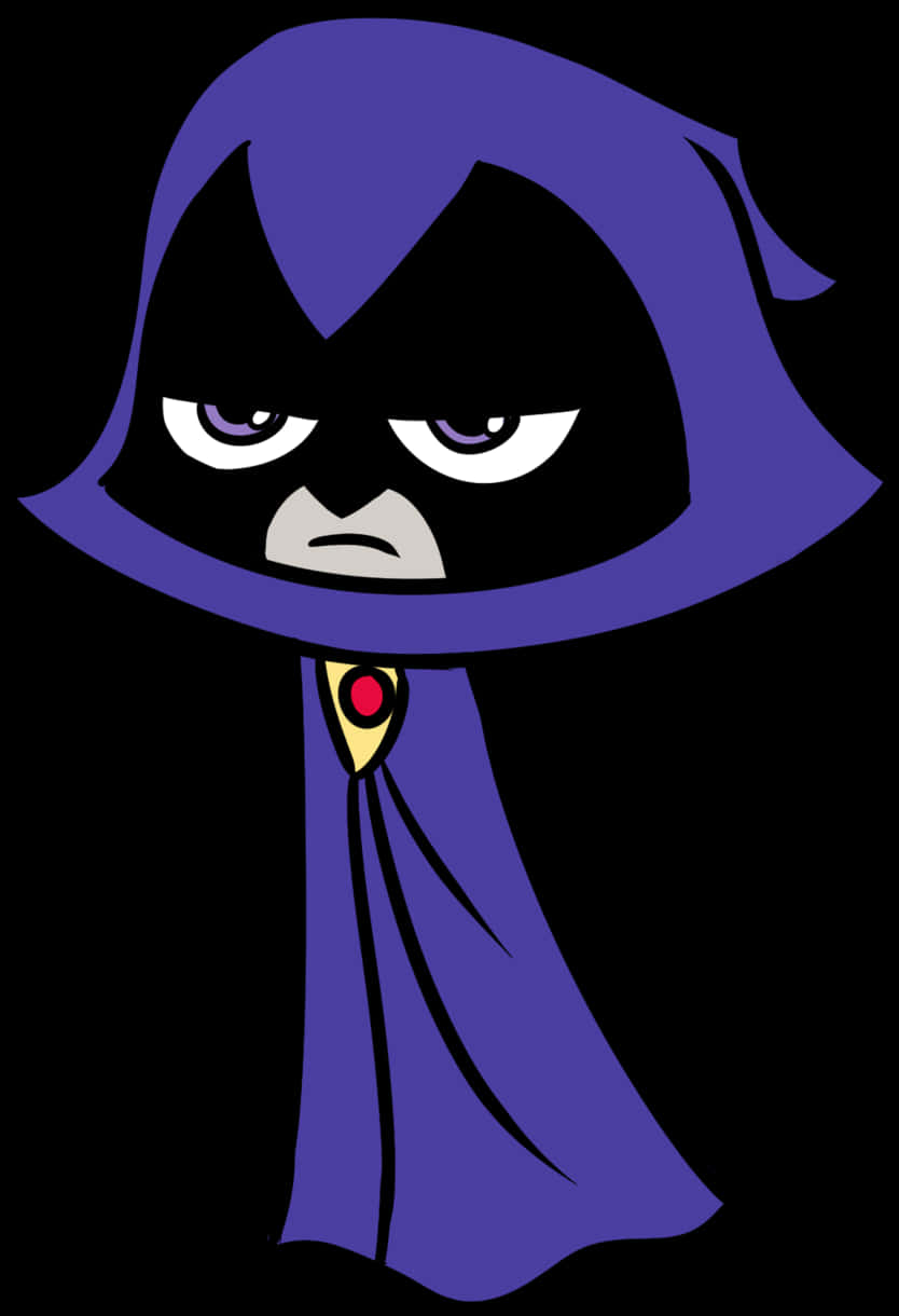 Teen Titans Go Raven 桌布 壁紙 — 一個卡通角色穿著紫色連帽斗篷和紅色寶石項鍊，在黑色背景上瞇著眼睛凝視。