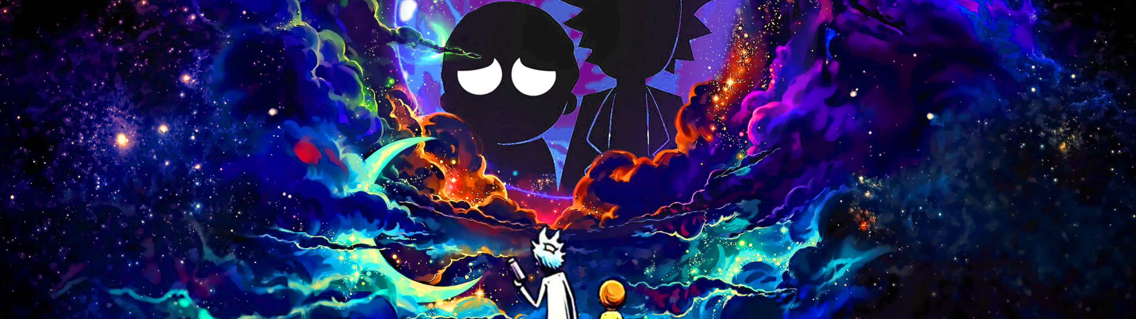 Rick Sanchez 桌布 壁紙 — 一個卡通角色站在宇宙星雲前，背景是旋轉的紫色、藍色和橙色雲朵，襯托著繁星點點的太空背景。