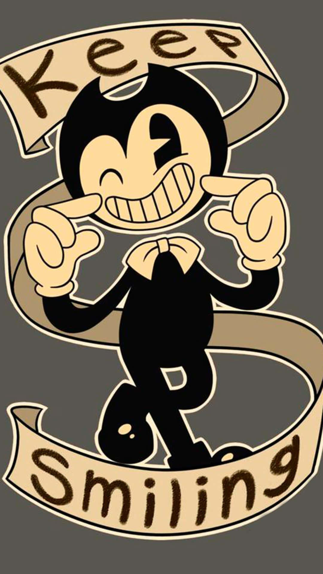 Bendy 桌布 壁紙 — 一個卡通角色露出燦爛笑容並做出手指槍姿勢，站在寫有「Keep Smiling」的橫幅之間，背景為灰色。