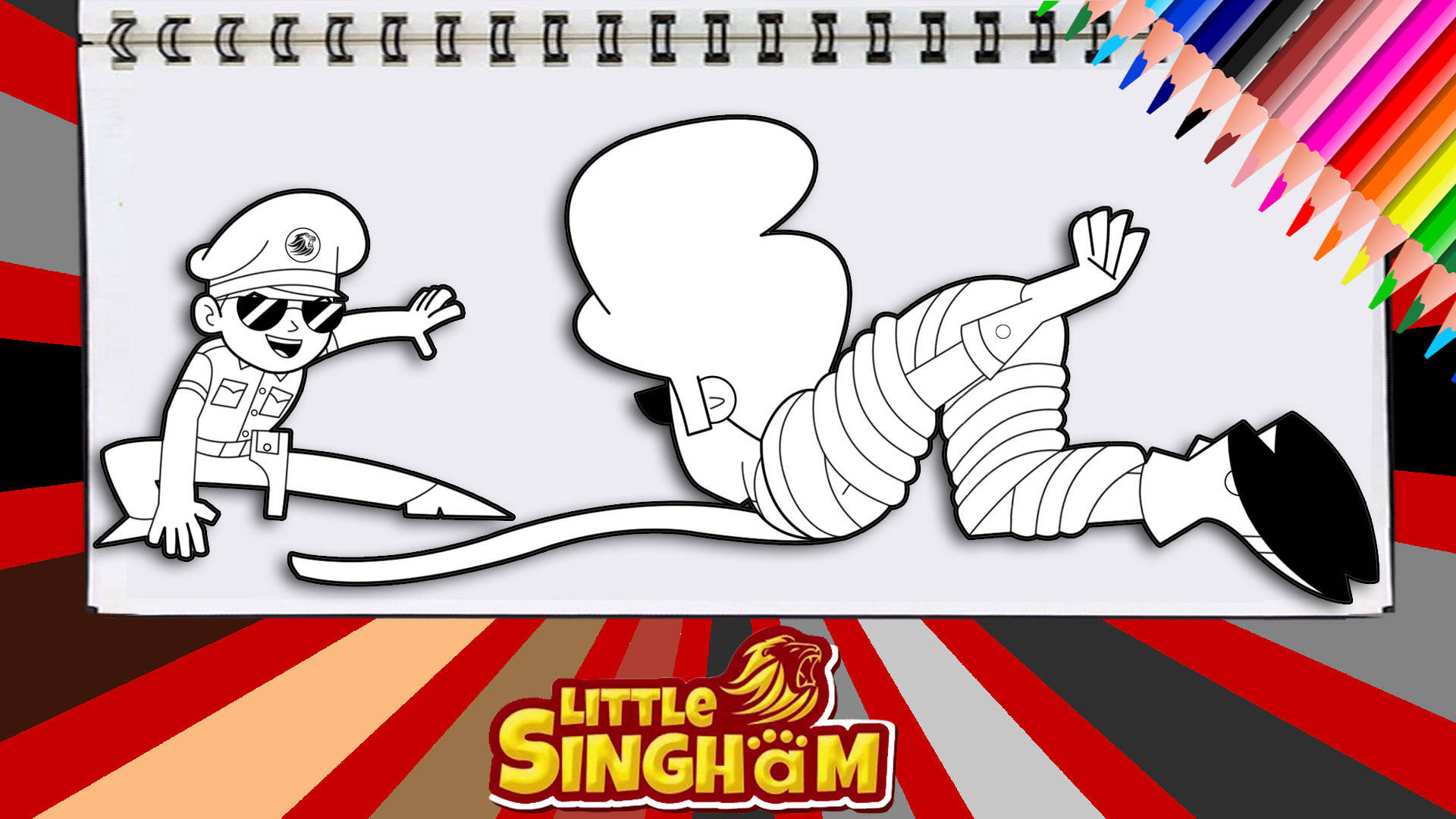 Singham 桌布 壁紙 — 一個卡通警察和一個木乃伊角色，用黑白畫在素描本上，附近有彩色鉛筆。
