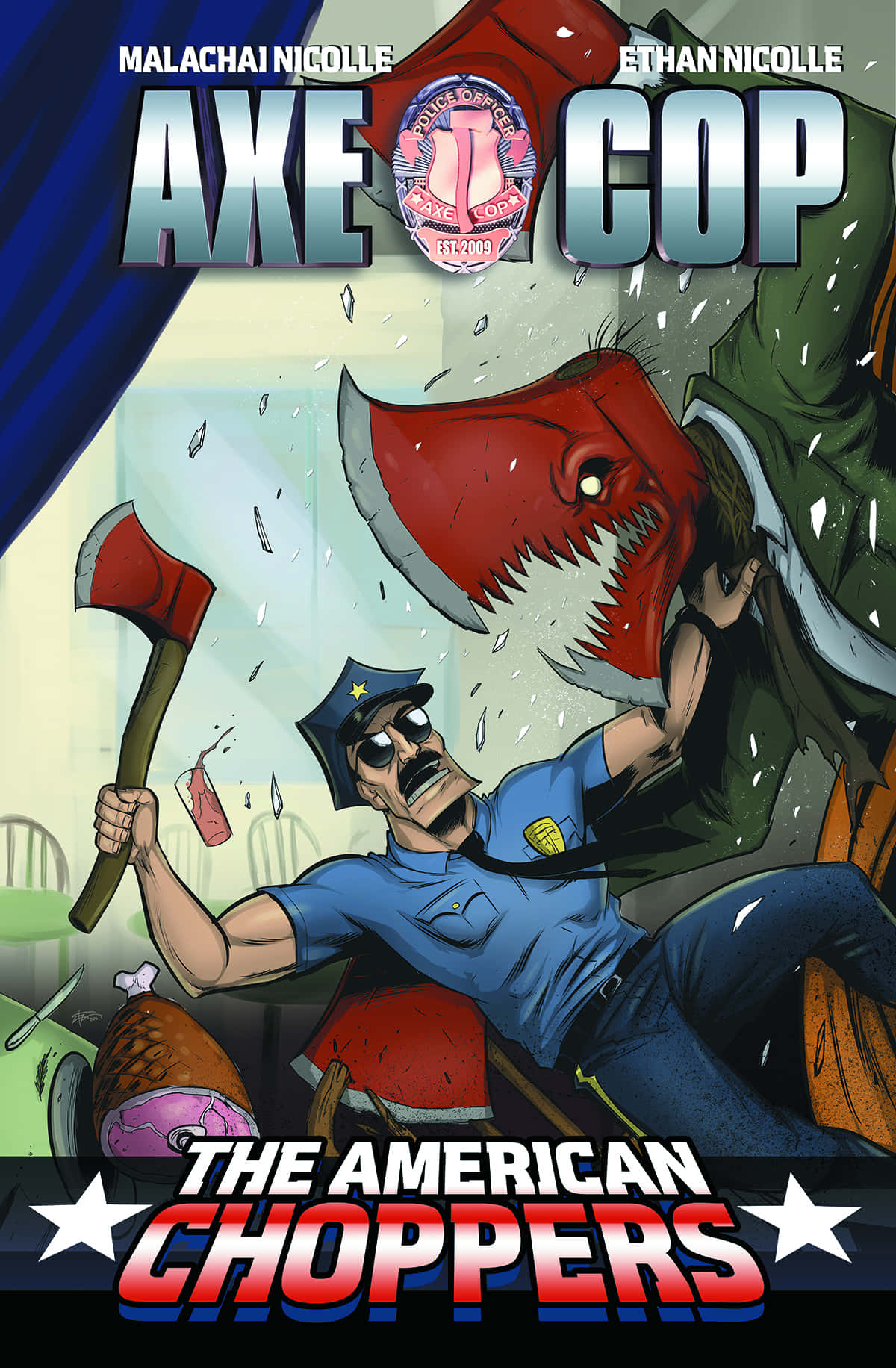 Comics 桌布 壁紙 — 一個卡通警察在混亂的漫畫書封面上揮舞斧頭攻擊一個巨大的紅色鯊魚頭怪物。