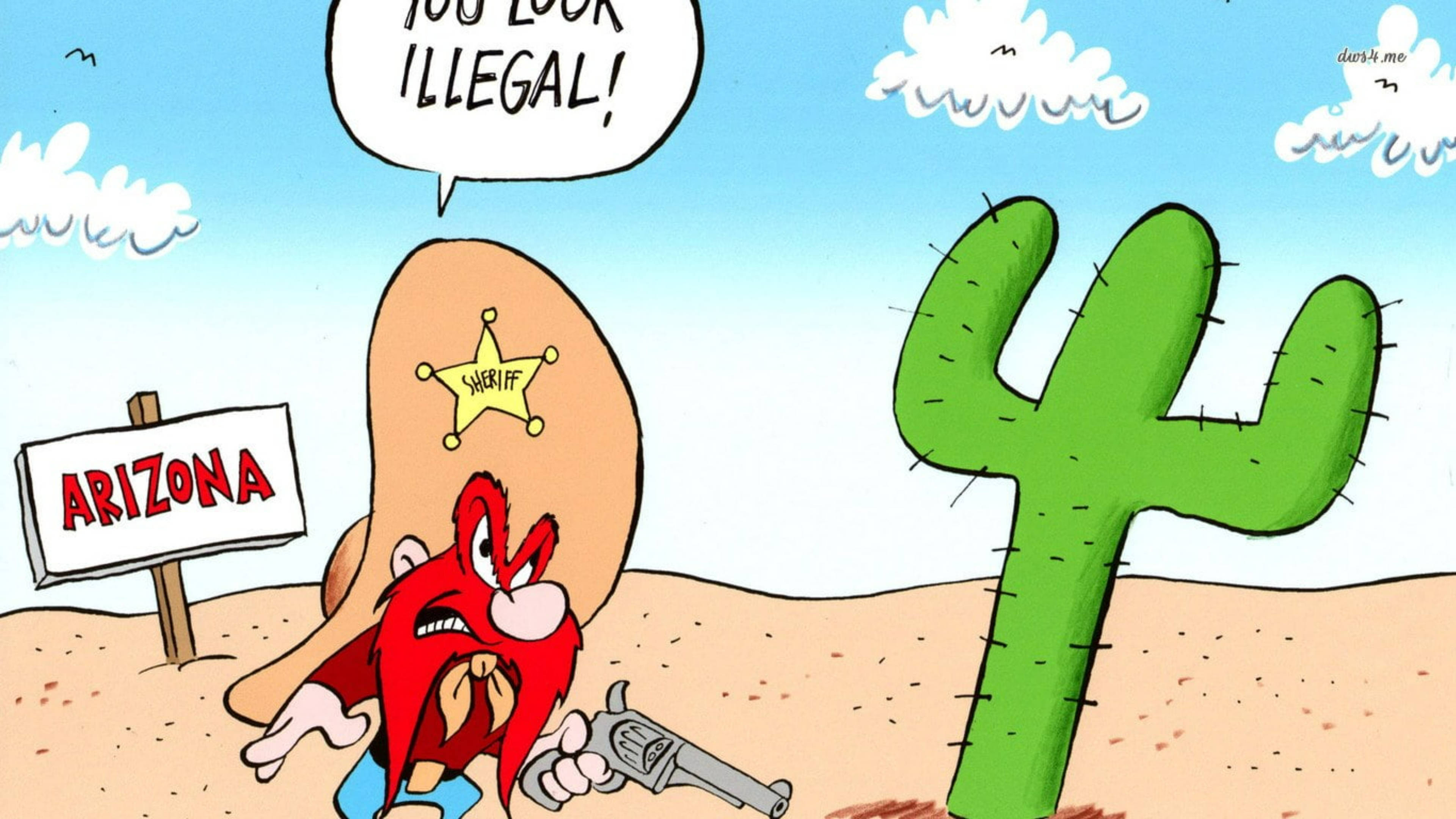 Yosemite Sam 桌布 壁紙 — 一個卡通警長帶著星形徽章，在沙漠中拿著槍，旁邊有仙人掌和亞利桑那標誌，大喊「你看起來非法！」