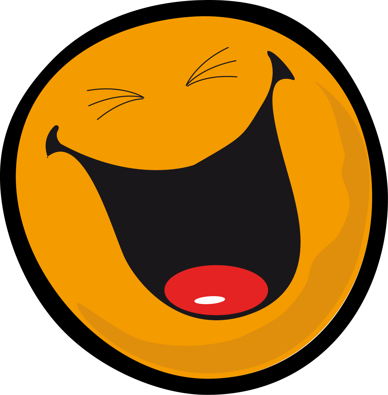Laugh 桌布 壁紙 — 一個卡通貓臉，閉著眼睛，張大嘴巴，在圓形橙色框架中開懷大笑。