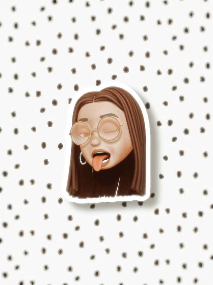 Tongue Out 桌布 壁紙 — 一個卡通貼紙，描繪一個棕色頭髮、戴圓框眼鏡的女孩，在白色背景上調皮地伸出舌頭，背景有棕色圓點。