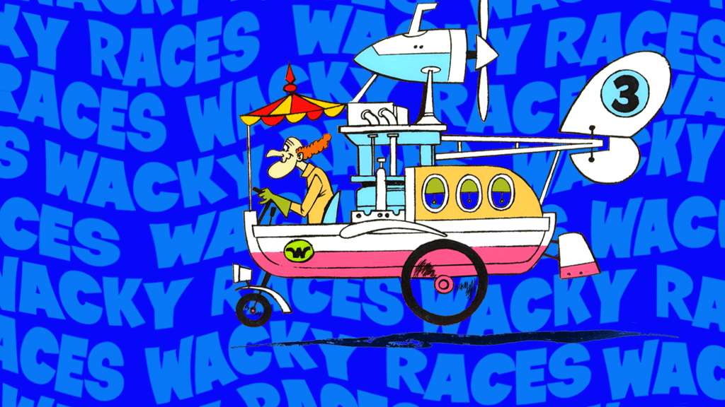 race car 桌布 壁紙 — 一個卡通賽車手駕駛一輛帶有車輪和螺旋槳的奇特粉黃色車輛，背景為藍色並重複 'WACKY RACES'。