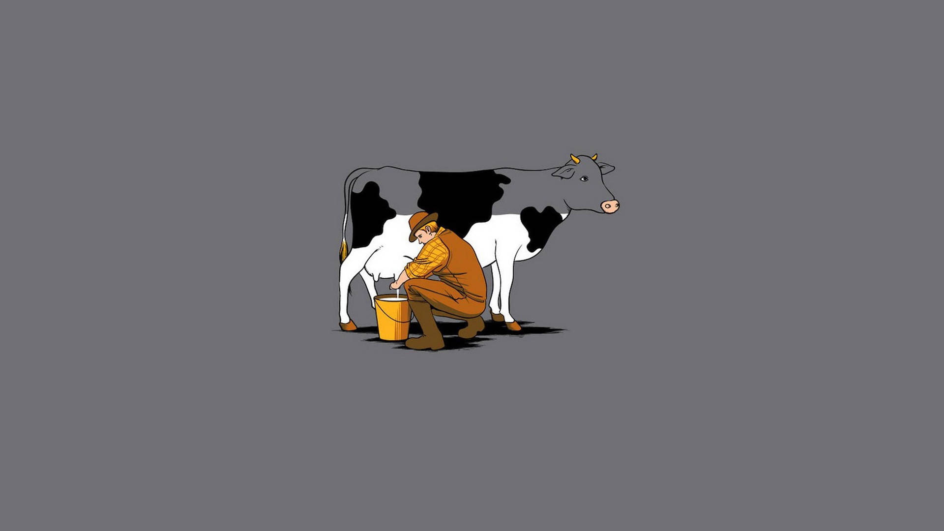 Cute Cow 桌布 壁紙 — 一個卡通農夫穿著橙色工裝褲，在純灰色背景前，將一頭黑白相間的乳牛擠奶到一個黃色桶中。