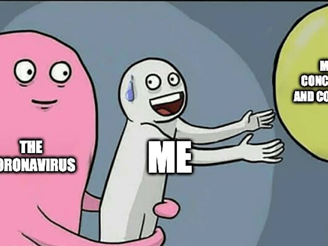 meme 桌布 壁紙 — 一個卡通迷因顯示一個粉紅色病毒角色抱著一個標有「我」的出汗白色人物，該人物急切地伸手去拿一個標有「我的擔憂和咳嗽」的黃色球。