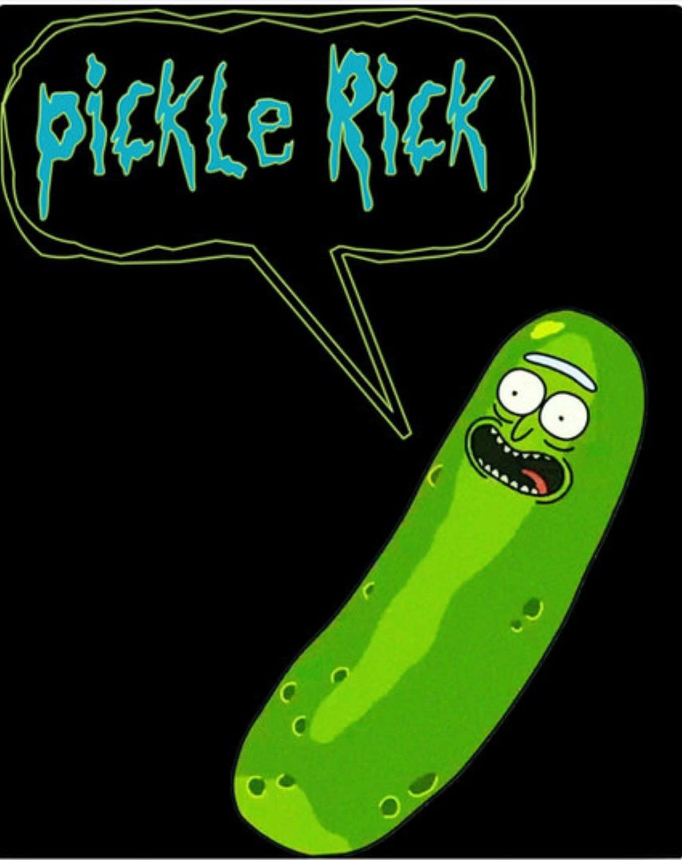 The Cromulons 桌布 壁紙 — 一個卡通酸黃瓜，表情震驚，對話框寫著「pickle rick」，背景為黑色。