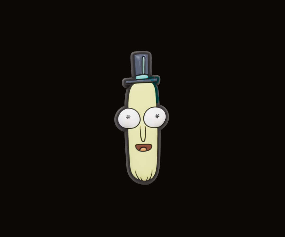 Mr Poopybutthole 桌布 壁紙 — 一個卡通醃黃瓜戴著高帽，睜大眼睛，表情驚訝，背景為黑色。