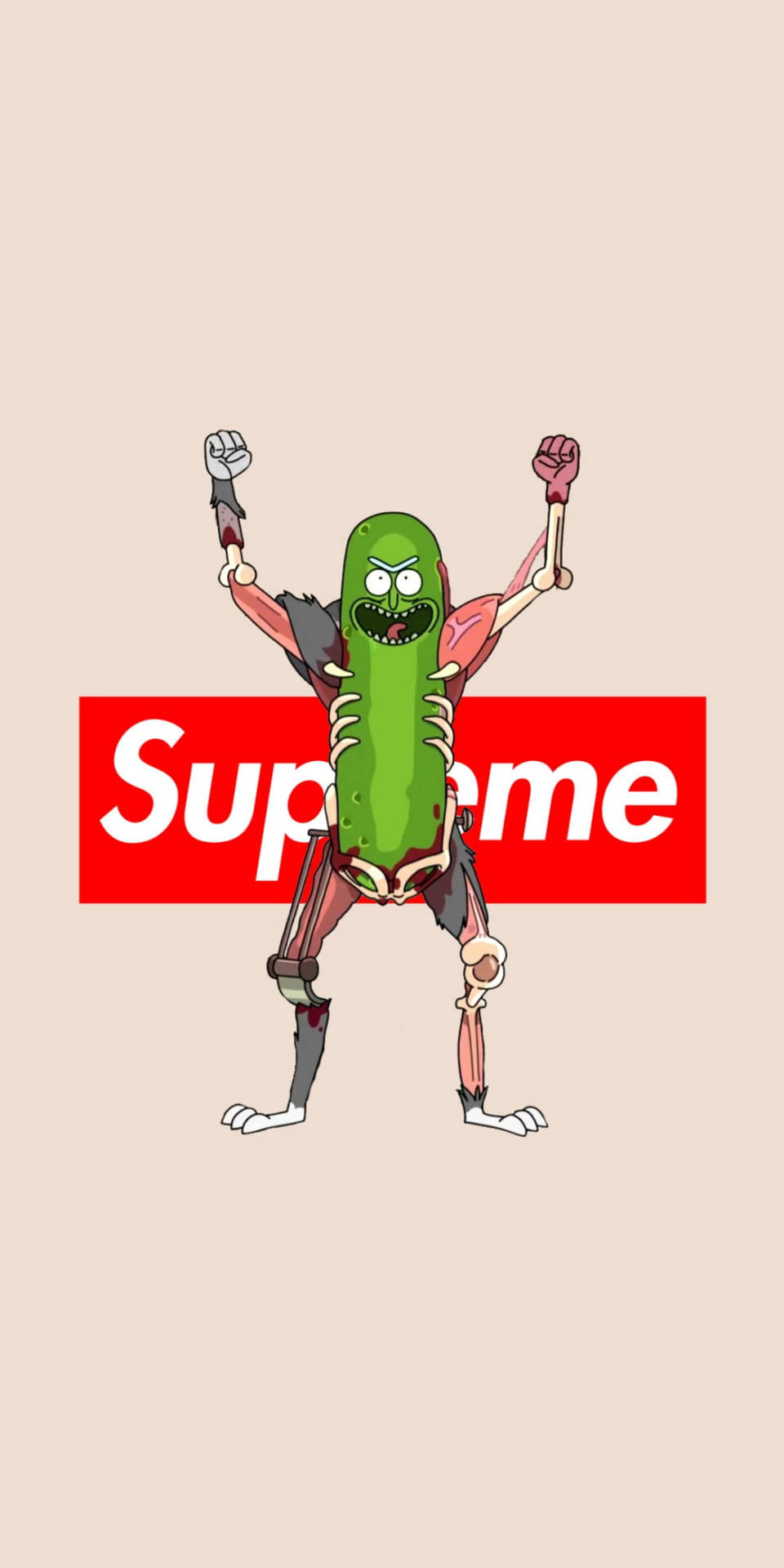 卡通醃黃瓜露出肌肉並舉起拳頭，站在紅色Supreme標誌後面。